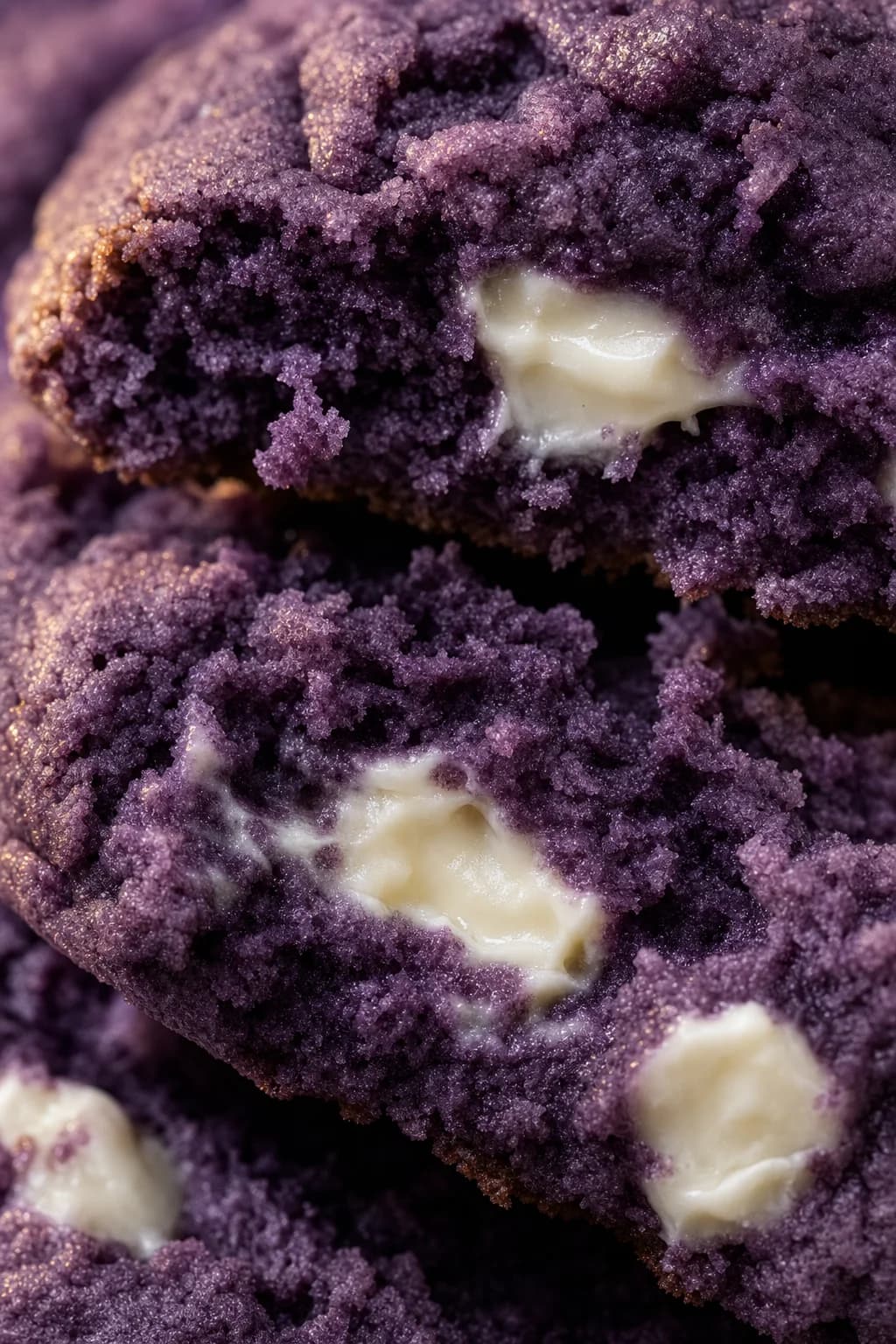 Close-up van opengebroken paarse ube-koekjes met een romige witte vulling.