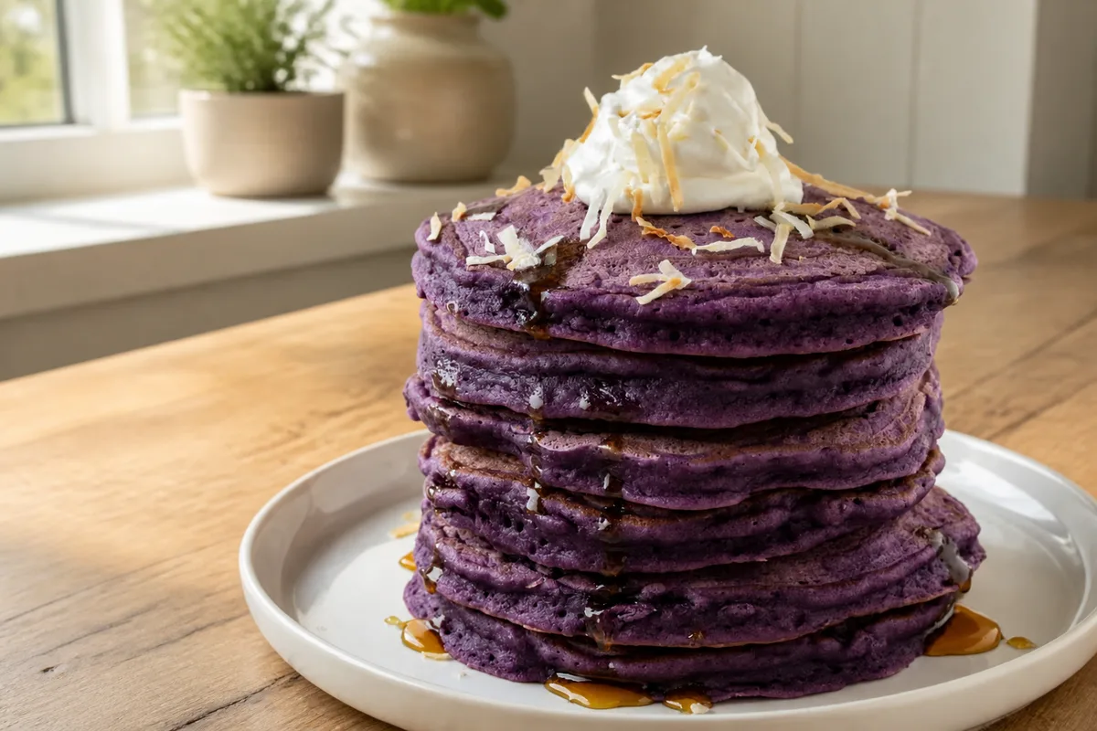 Paarse ube-pannenkoeken opgestapeld op een bord.