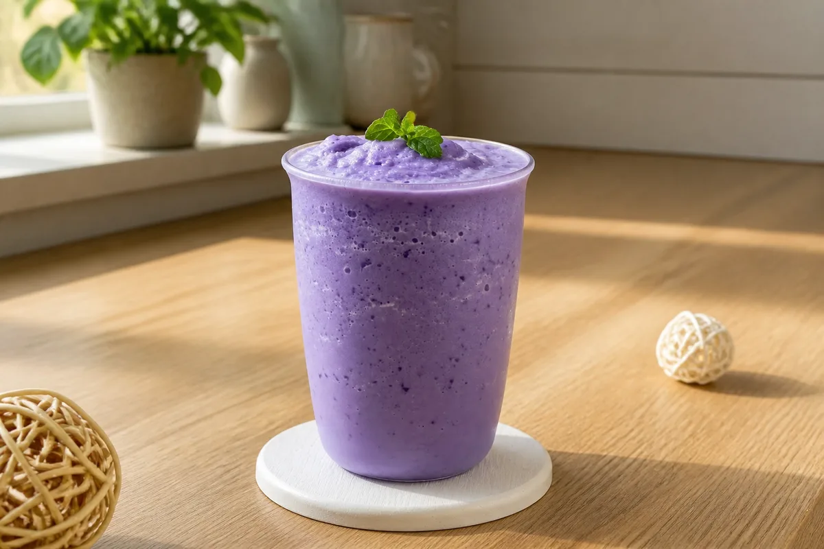 Een paarse ube smoothie in een glas.