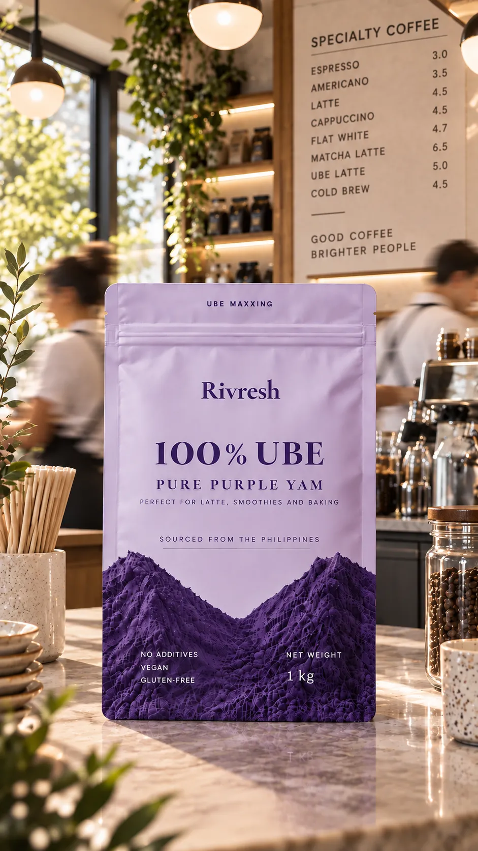 De 1 kg-verpakking van Rivresh op de toonbank van een koffiebar, met een barista op de achtergrond.
