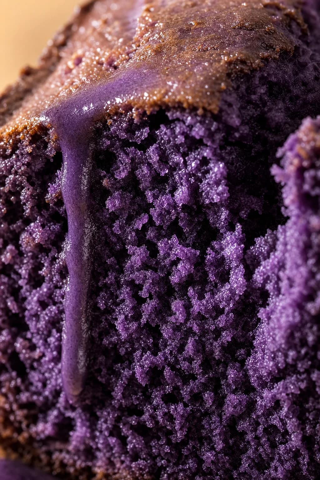 Close-up van een aangesneden paarse ube-cake met een karamel- of chocoladeglazuur.