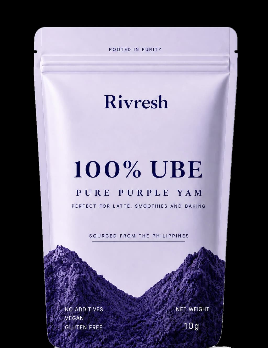 Rivresh ube-poeder, sample-zakje van 10 gram, vooraanzicht.