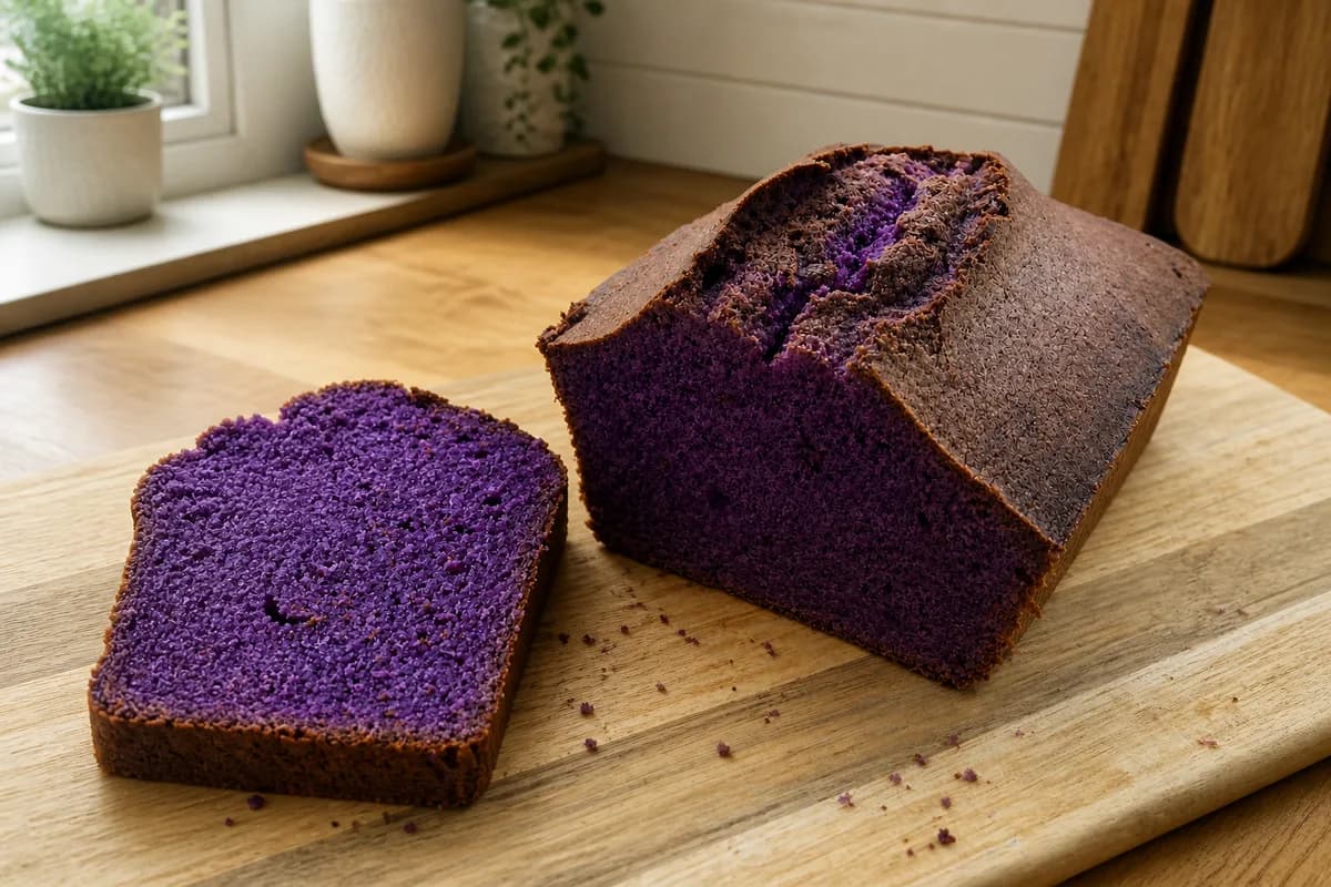 Een paarse ube-cake, aangesneden.