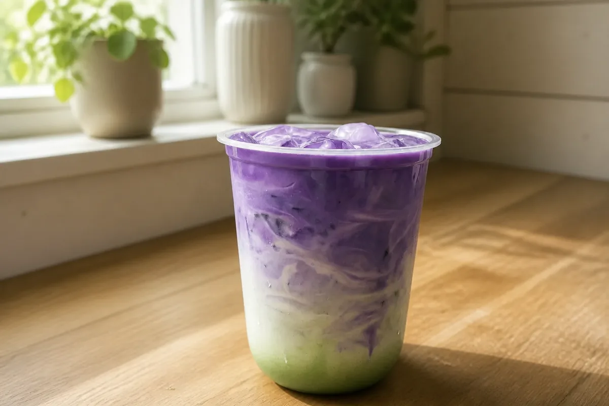 Een ube latte in een glas, met een romige paarse laag.