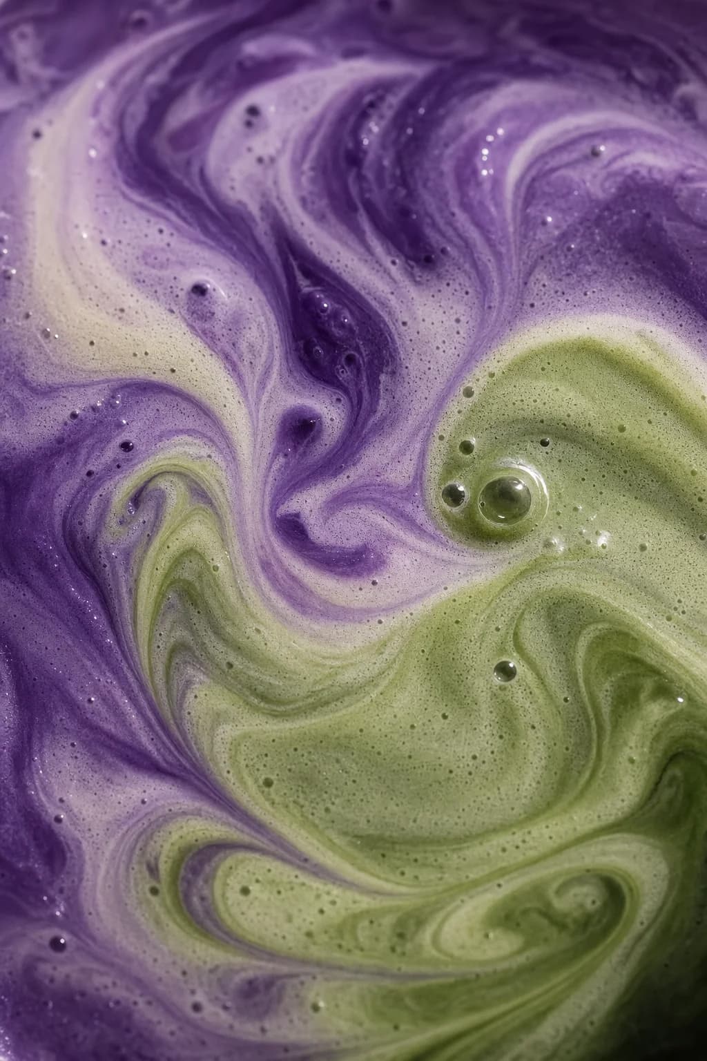 Close-up van paars en groen wervelende ube-vloeistof met belletjes.