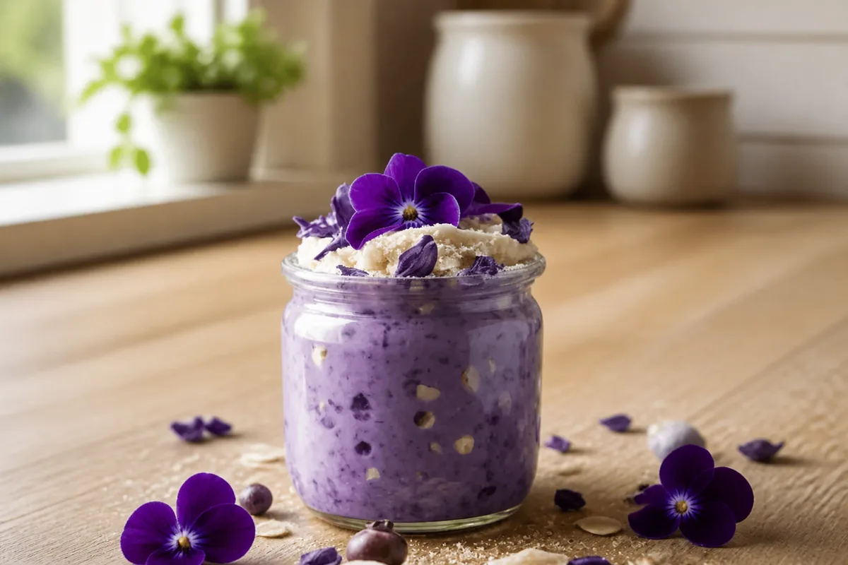 Een pot overnight oats met een paarse ube-laag en bessen.