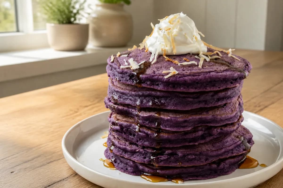 Paarse ube-pannenkoeken opgestapeld op een bord.