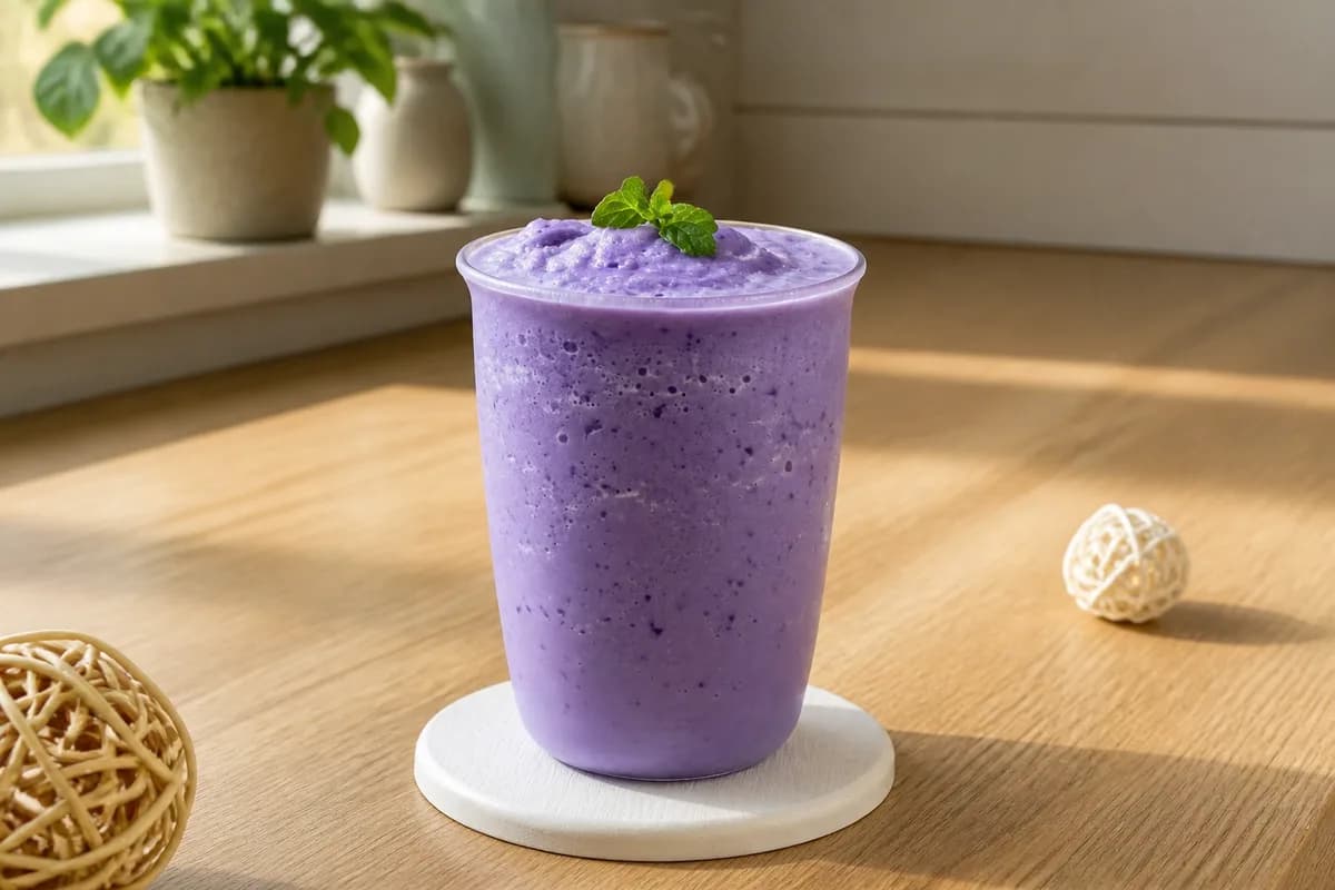 Een paarse ube smoothie in een glas.